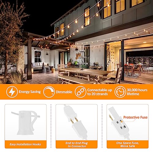 Outdoor String Lights White 100Ft LED Patio Lights Outdoor Waterproof with 50+2 Shatterproof ST38 Bulbs 2200K Dimmable String Lights for Outside Backyard Party Wedding