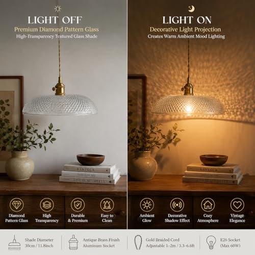 11.8″ Retro Glass Pendant Light Premium Thickened Clear Glass Shade Antique Brass Finish and Adjustable Gold Braided Cord Decorative Lighting for Kitchen Island