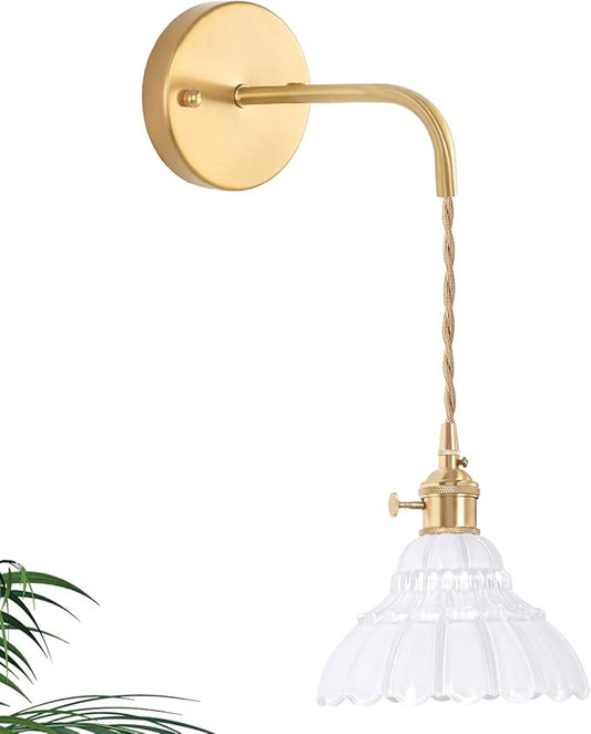 Vintage Wall Sconce with White Lily of The Valley Shade Pattern Glass Adjustable Chain Retro Gold Wall Mounted Light, Modern Wall Lamp Fixtures Decor for Bedside Bedroom Indoor Doorway - Aura Lighting