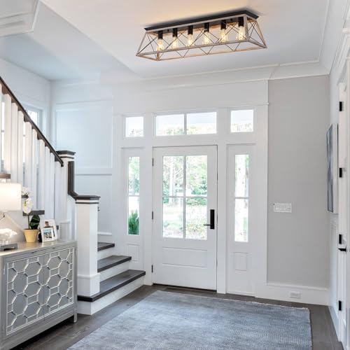 38" Large Rectangular Flush Mount Ceiling Light with Oak White Finish
