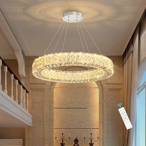 32 Inch Chandelier Glam Dimmable LED Crystal Chandeliers Luxury Round Pendant Lighting Fixtures for Dining Room Bedrooms Silver