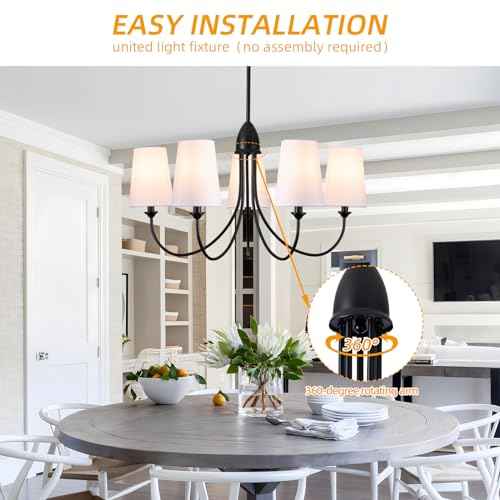 Black Chandelier,5-Light Vintage Farmhouse Chandeliers for Dining Room with White Fabric Shade,30" Modern Industral Chandelier Light Fixture for Bedroom Foyer Porch Living Room Kitchen entryway
