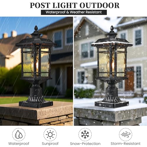 Outdoor Post Light 18.3" Waterproof Pole Light with Water Ripple Glass for Garden Patio Pathway E26 Socket