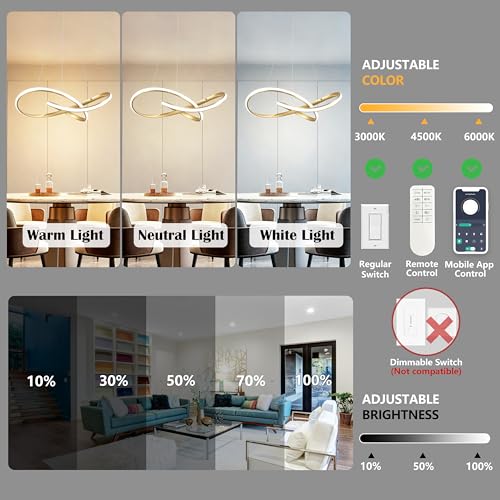30" Gold Modern LED Chandelier Large Irregular Ring Pendant Lighting Adjustable Hanging Light Fixture Modern Dimmable Remote Control Pendant Lights for Living Room Dining Room Entryway