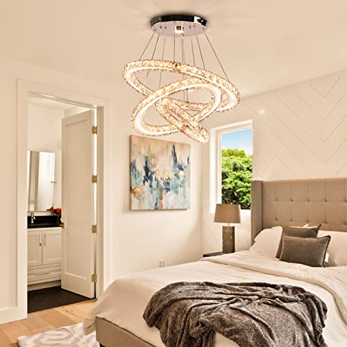 Dimmable LED Chandeliers Modern Crystal Chandeliers Ceiling Light Three Rings Pendant Light with Acrylic for Bedroom Dinning Room Hallway