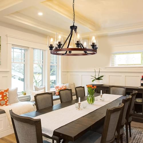 8 Light Farmhose Chandelier for Dining Room Light Fixture Faux Wood Kitchen Pendant Light Round Rustic Ceiling Hanging Lighting with Glass Globes Adjustable Height Metal E26