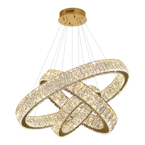 Modern Led Gold Ring Chandelier Luxury 3 Ring Crystal Chandelier Led Dimmable Light for Dining Room Height Adjustable Led Pendant Light 32''+24''+16''