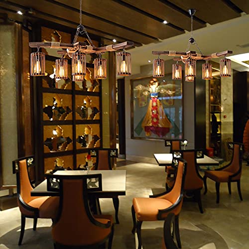 6 Lights Industrial Vintage Hanging Pendant Light Wooden Chandelier Ceiling Light Retro Wooden Light Suspension Lighting Fixture Retro Loft Lantern Chandelier Lights Handmade Lighting Products