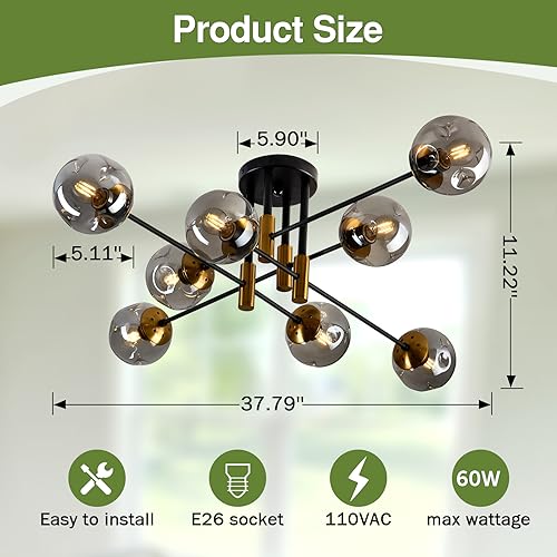 8 Light Glass Globe Ceiling Light Black and Gold Mid Century Flush Mount Sputnik Light Fixture Bubble Chandelier Living Room Farmhouse for Dining Room Kitchen Bedroom