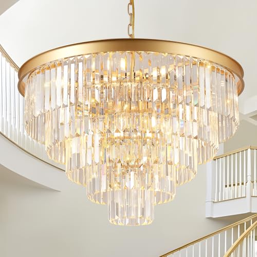 Large Crystal Chandelier 30”Modern Gold Foyer Chandeliers Light Fixture