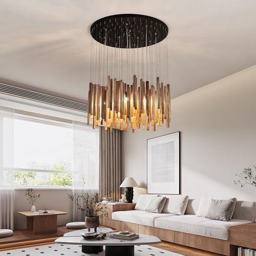 12 Light Wood Chandelier Light Fixture Boho Pendant Light Rustic Large Hanging lamp for Farmhouse Living Doom Entryway Entrance Dinning Room Foyer Kitchen
