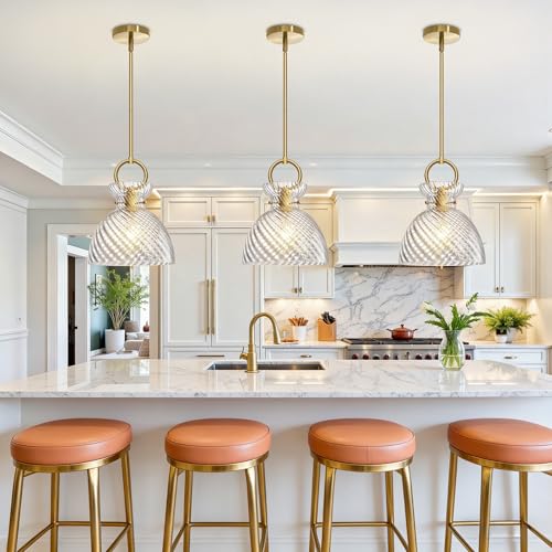 Gold Pendant Light Kitchen Island with 9.84'' Striped Glass Shade