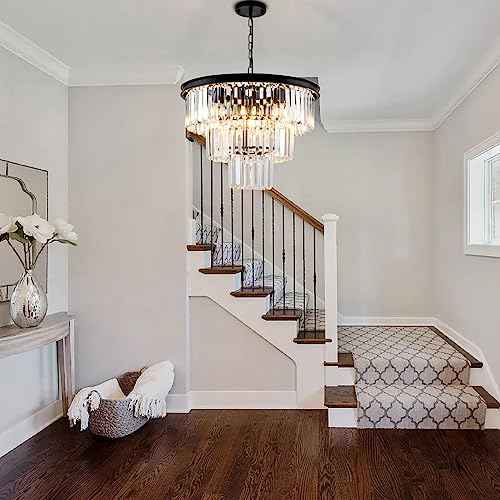 8 Light Modern Crystal Chandelier 20'' Black Chandeliers for Dining Room Contemporary Pendant Light Fixture Round 3-Tier Adjustable Height E12 for Living Room, Foyer, Entryway, Bedroom