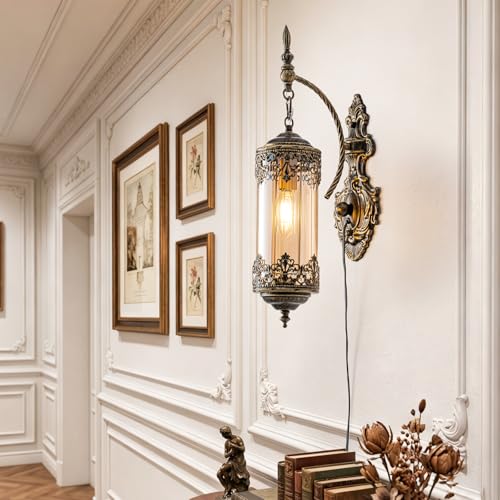 Rustic Gothic Plug in Wall Sconce with Amber Glass