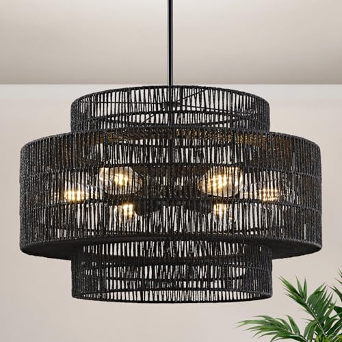 24" Black Rattan Chandelier for Dining Room