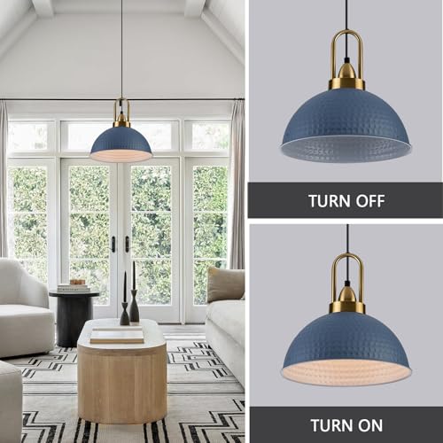 Blue Pendant Lights Kitchen Island Industrial Adjustable Height Vintage Dome Hanging Light Fixtures for Barn (2 Count)