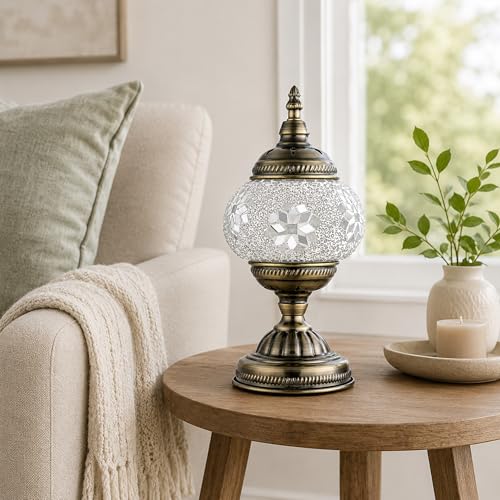 Turkish Moroccan Table Lamp Lantern with Handmade Mosaic Glass Lampshade Tiffany Style Bohemian Stained Glass Decorative Desk Lamps Bedside Night Lights for Bedroom