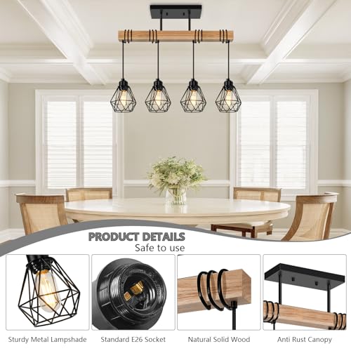 4 Lights Farmhouse Wood Kitchen Island Lighting