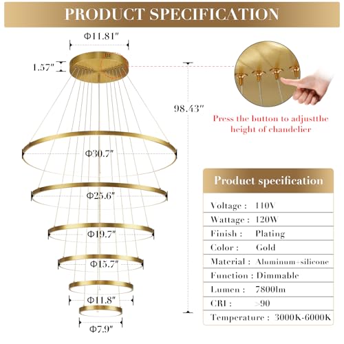 Modern 31" Big LED Chandeliers for High Ceiling 6 Rings Gold Chandeliers with Remote Control Dimmable Large Contemporary Ceiling Pendant Light for Foyer Living Room 3000K (6 Count)