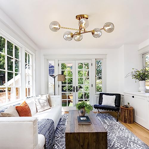 Modern 6 Lights Globe Sputnik Flush Mount Ceiling Light Fixture Mid Century Gold Metal Semi Flush Mount Ceiling Light Farmhouse Smoke Gray Glass Bedroom Ceiling Lamp