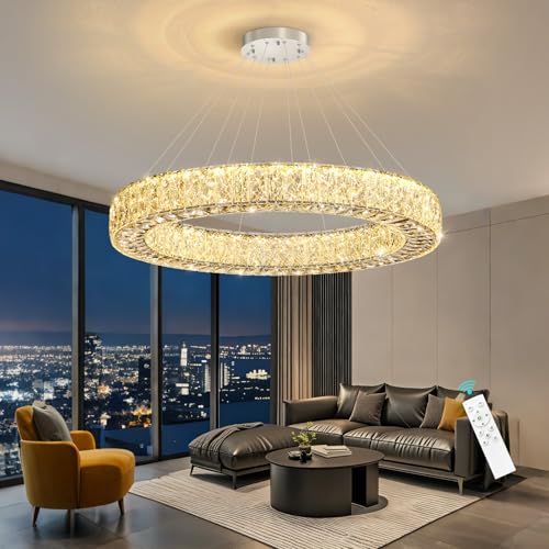Modern Chandelier Glam Dimmable LED Crystal Chandeliers Luxury Remote Ceiling Pendants Lighting Fixtures for Dining Room Bedroom Living Room Silver