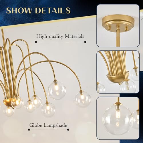 Gold Sputnik Chandelier with Clear Glass Globe 12 Lights L52 Inch