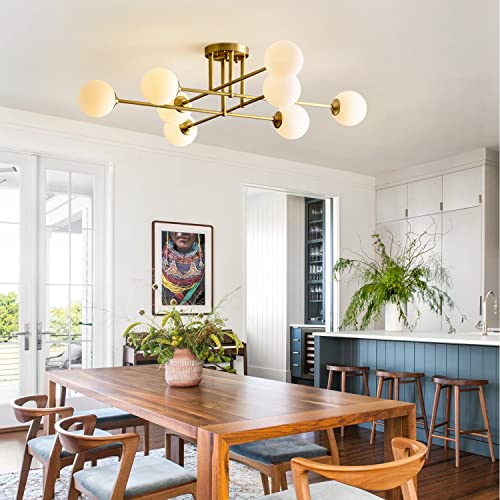 8 Light Globe Flush Mount Ceiling Light Milk Glass Ball Sputnik Chandelier Mid Century Brushed Gold Semi Flush Mount Ceiling Light Fixture Living Room Ceiling Lamp