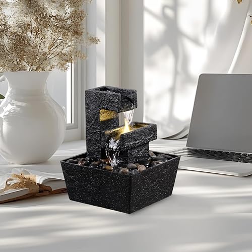 8 Inch Modern Black Tabletop Water Fountain with LED Light