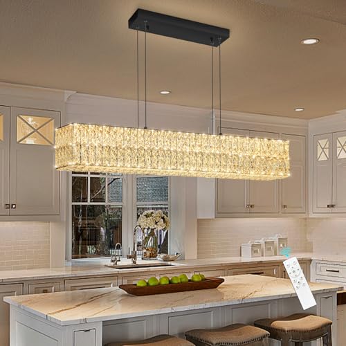 Glam Crystal Chandelier Modern Dimmable Crystal Chandeliers LED Rectangular Ceiling Light Fixtures for Dining Room Living Black