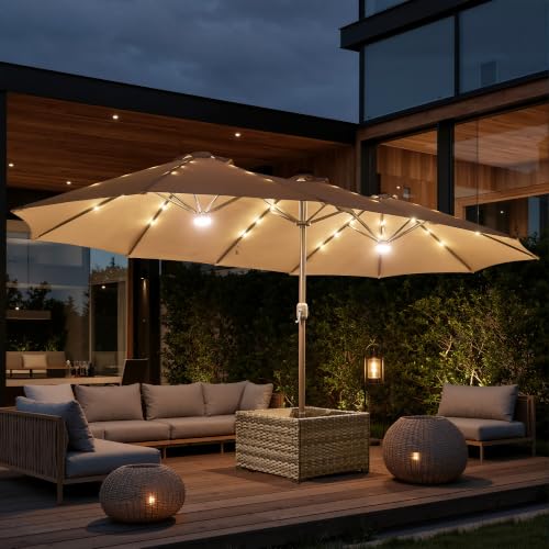 15FT Double Sided Rectangular Patio Umbrella with USB Rechargeable Warm LED Lights