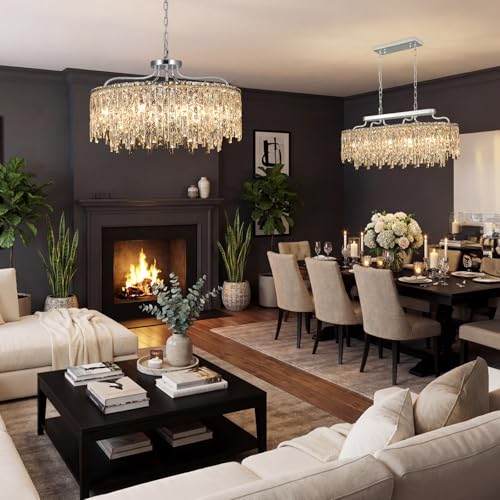10 Lights Chrome Round Crystal Chandeliers for Dining Room 28"
