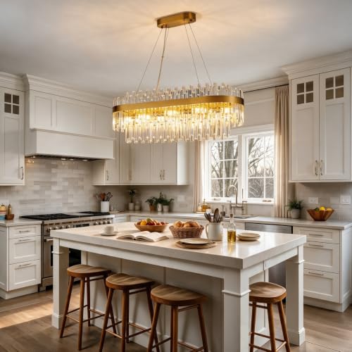 35.4" Brushed Gold Rectangular Crystal Chandelier Dining Room Kitchen