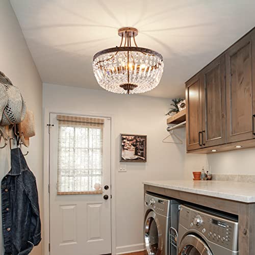 5 Light Retor Crystal Ceiling Light Fixture Oil Rubbed Bronze Semi Flush Mount Chandelier Ceiling Lamp for Living Room Dining Room Entryway Hallway Foyer Bedroom Laundry Bathroom