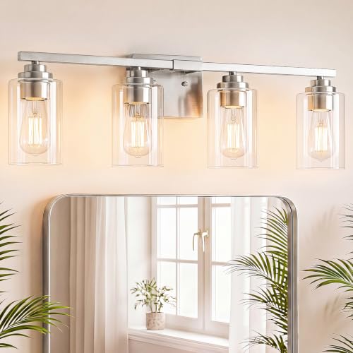4 Light Brushed Nickel Bathroom Light Fixtures Over Mirror 27 Inches