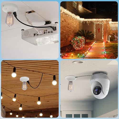 3-in-1 Light Socket Adapter with USB (5V/2A) & Outlet - E26/E27 Bulb to Power Outlet Converter, USB Charger Port, 3-Prong US Plug for Cameras, Projectors, Smart Devices