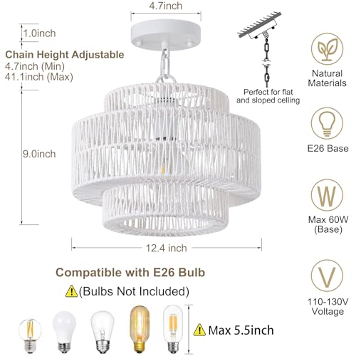 12.4" Large Boho Rattan Farmhouse Chandeliers for Dining Room