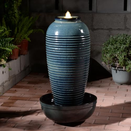 Blue Ceramic Ribbed Vase Fountain