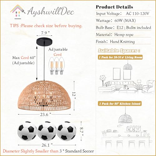24" Brown Woven Pendant Light Boho Chandelier Dome Rustic Farmhouse Chandelier Wicker Pendant Light Rattan Light Fixture for Dining Room Living Room Bedroom Kitchen Island Foyer