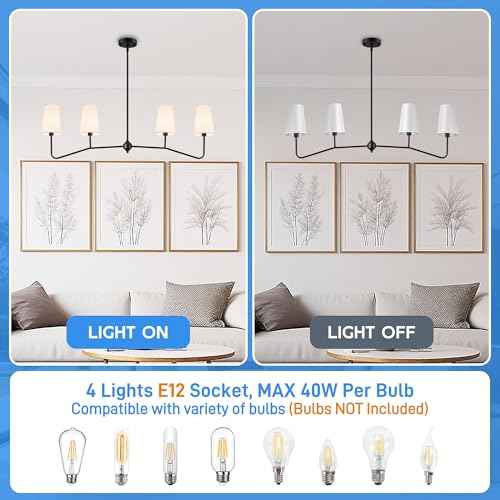 47" Modern Linear Chandelier, 4-Light Black Pendant Light with Fabric Shades, Adjustable Height Ceiling Light Fixture for Kitchen Island, Dining Room, Living Room, Bedroom, ETL Listed