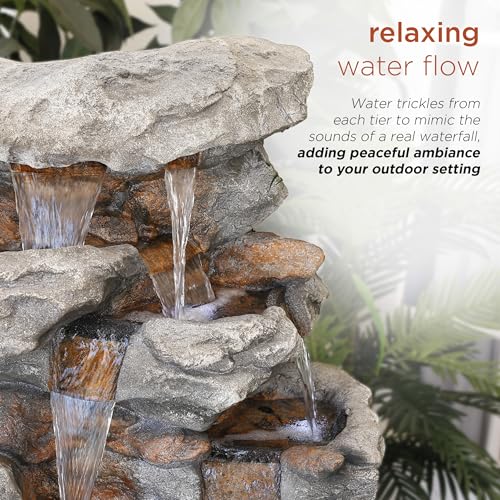 WIN730 Outdoor Floor Tiered Rock Waterfall Fountain with LED Lights and Natural Stone Look