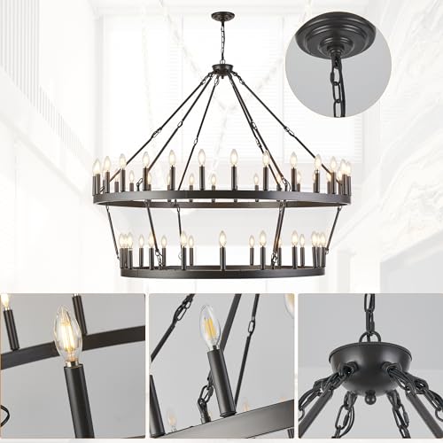 Rustic Farmhouse Wagon Wheel Chandelier Oil Rubbed Bronze Large Chandeliers for High Ceilings 2 Tier 48 Lights 55 Inch for Dining Room Living Room Foyer Porch Kitchen Island