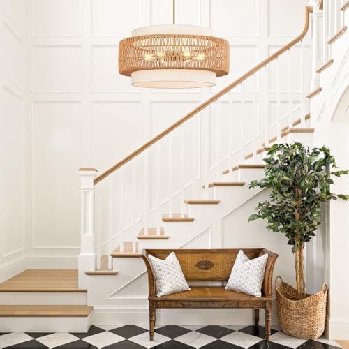 6 Light Rattan Chandelier for Dining Room