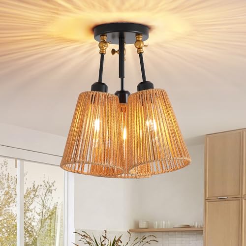 3 Light Rattan Boho Ceiling Light Adjustable Farmhouse Fixture (1 Pack 3-Light)