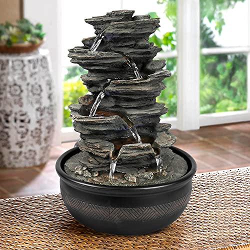 15.7” High Rock Falls Tabletop Water Fountain with LED Lights
