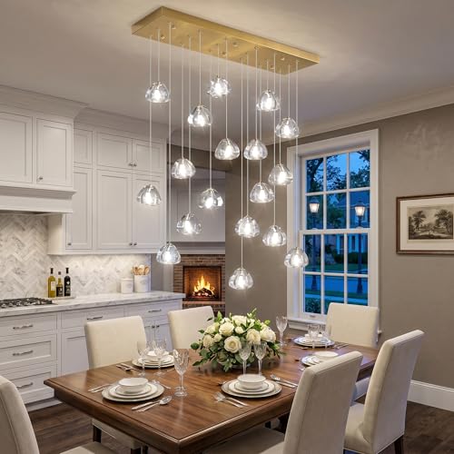 W35 x D11.8 x H118 Rectangular Chandelier Bubble Crystal Balls Glam Chandeliers Dimmable Light High Ceiling Pendants Light Fixtures Adjustable Long Lights Antique Gold