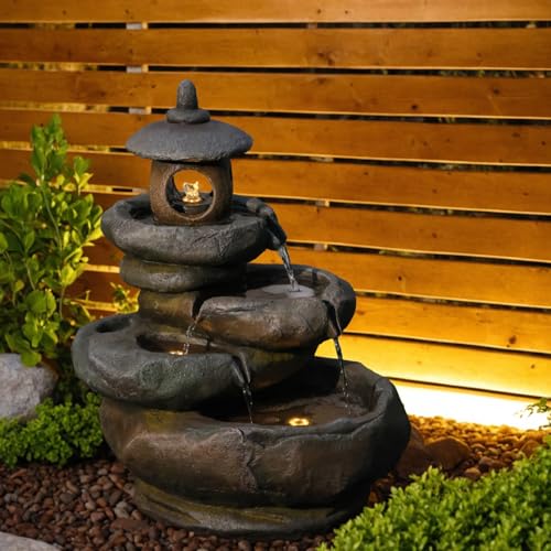 25.2" H 4 Tiered Pagoda and Imitation Rock Outdoor Water Fountain