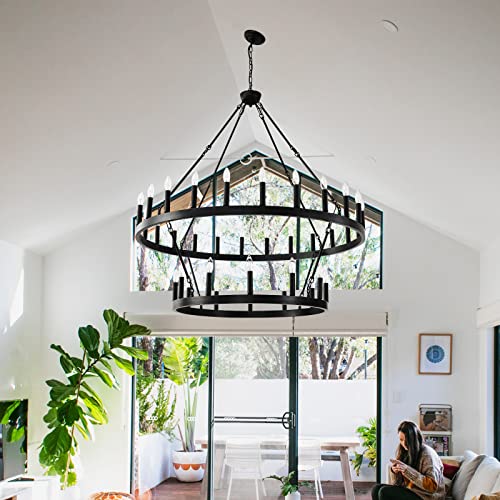 Yikrfiae 2 Tier Black Large Wagon Wheel Chandelier