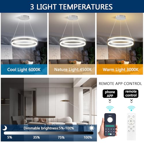 D15.7'' Modern Ring Chandelier for Dining Room LED Dimmable Pendant Lighting High Ceiling Chandelier for Living Room Foyer Bedroom Entryway 3000K