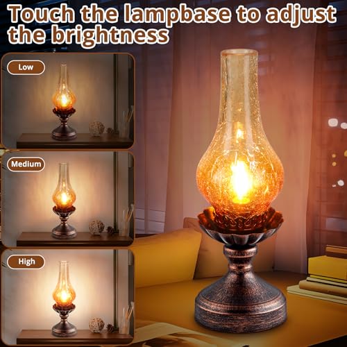 Vintage Table Lamp with Red Amber Gradient Crackle Glass Shade