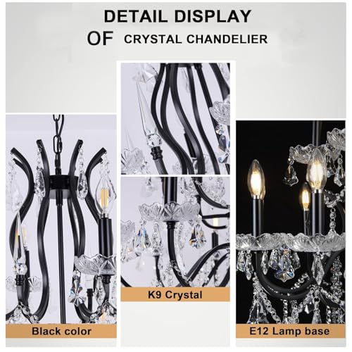 French Country Antique Black Iron Crystal Chandelier